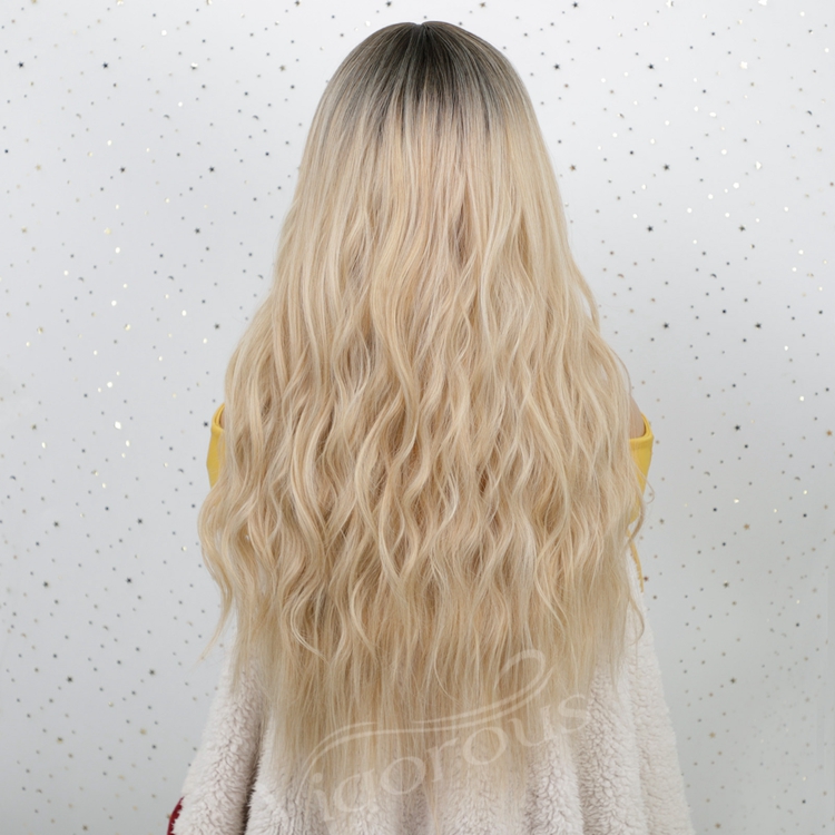 Natural Looking Long Ombre Blonde body Wavy Curly End Straight Wigs Women Middle Part Heat Resistant Fiber Synthetic Fiber Wig