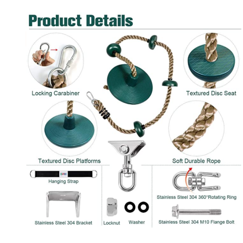 EASTOMMY Corda per arrampicata su albero per bambini con pedane per poggiapiedi, sedile oscillante per albero a disco e kit di sospensione con cinghia per albero