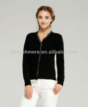 1017 ladies' sweater cardigan V neck wool cashmere blend knitted sweaters with black chiffon detail
