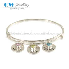 Latest New Design Heart Colorful Zircon Sterling Silver Bangle Adjustable Size Silver Bangle Bracelet
