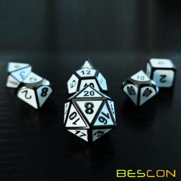 Bescon Deluxe Glossy Black and Elegant White Enamel Solid Metal Polyhedral Role Playing RPG Game Dice Set of 7