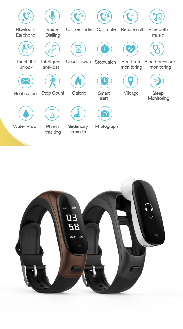 high-tech call mute / refuse heart rate blood pressure Ear Band V08 smart bracelet