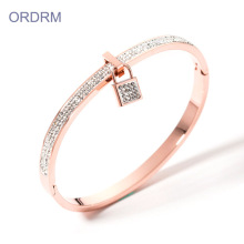 Delicate Rose Gold Lock Charm Crystal Bangle Bracelet