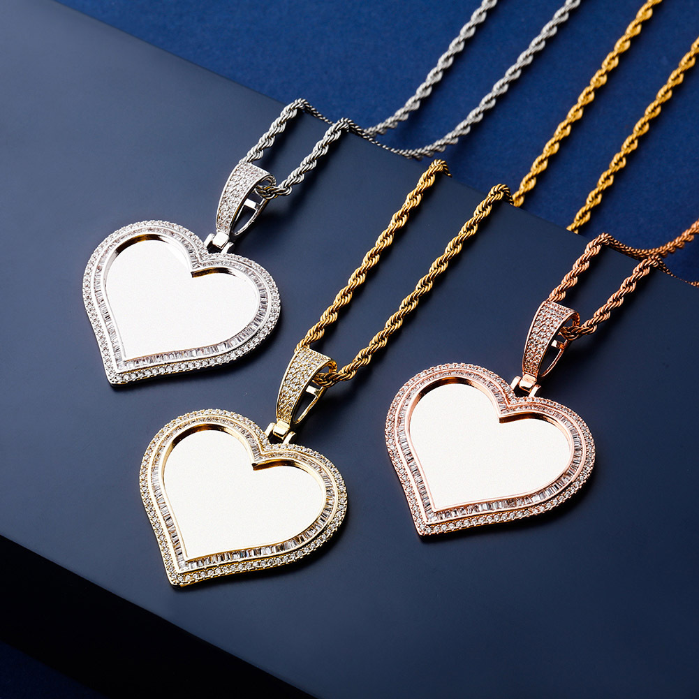 Personalized custom photo heart jewelry, blingbling hip hop gold silver copper with zircon iced out Cuban chain pendant necklace