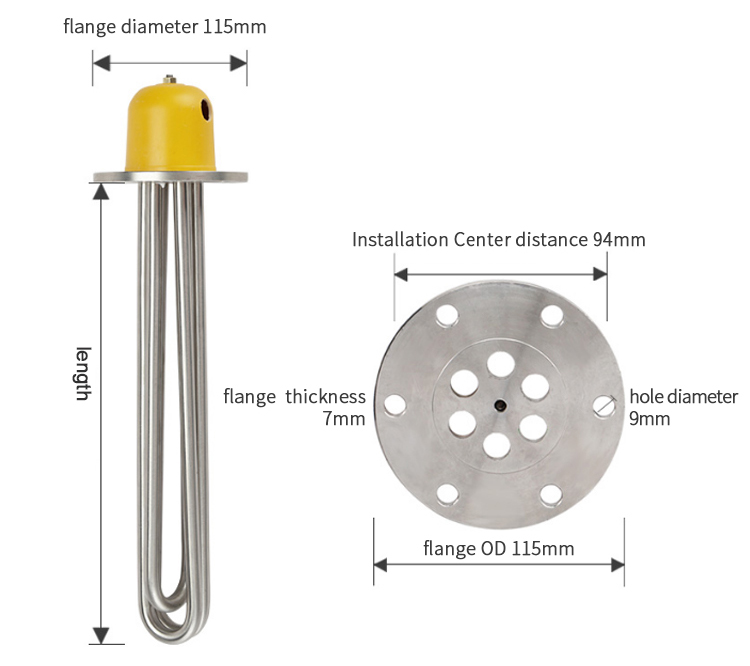 220v 15kw sus304 square flange tube boiler water immersion heater element