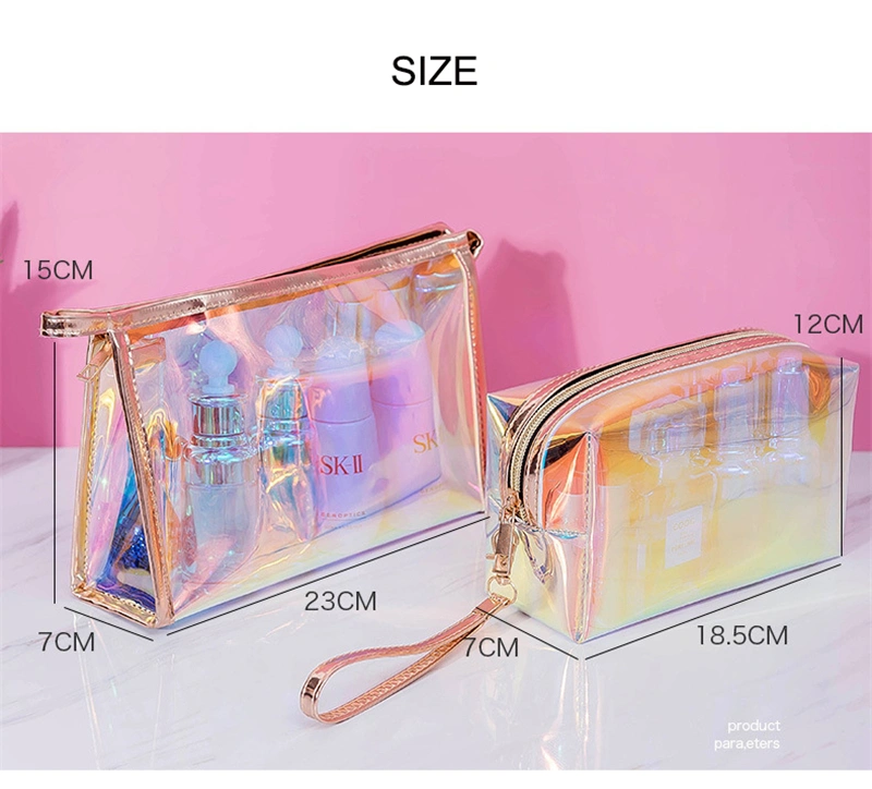 Low MOQ 100PCS Custom Logo New Fashion Transparent Laser Cosmetic Pouch Luxury Print Clear Holographic Makeup Bag