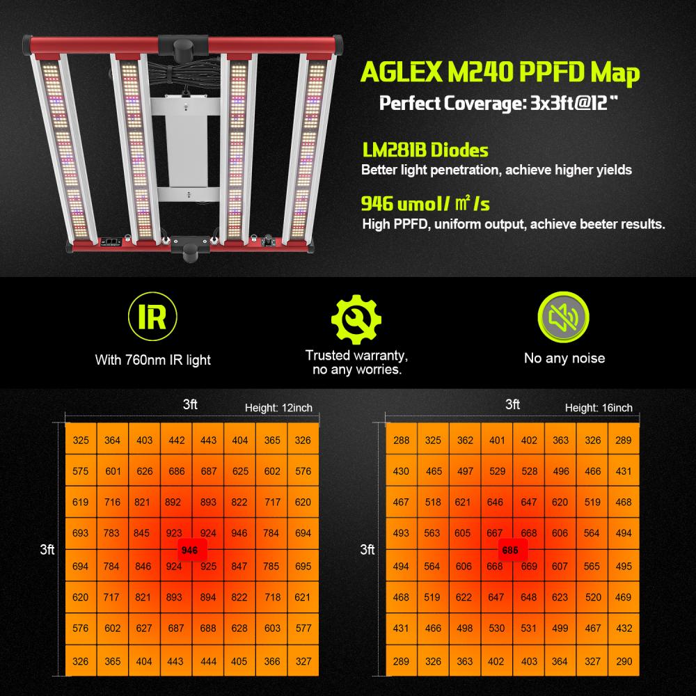 AGLEX 240W 4 bar ljus med LM281B/ LM301B/ LM301H 660Nm Red UV IR LED Grow Light Horticulture Hydroponics Veg Bloom