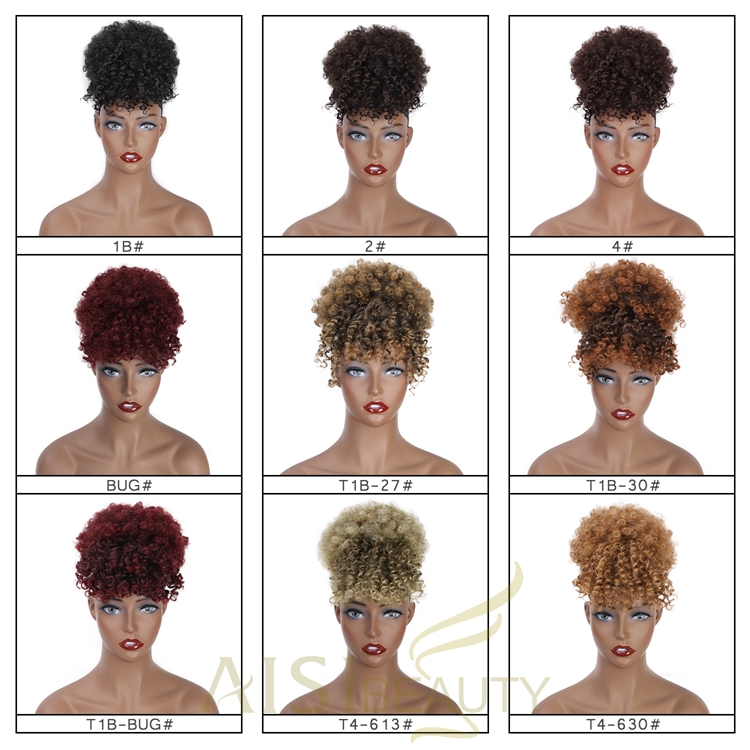 Aisi Beauty New Design Wholesale Mixed Brown Blonde Fluffy Puff Hairpiece Extension With Bangs Curly Afro Kinky Afro Hair Bun