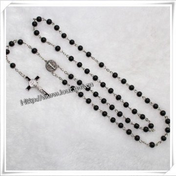 Religious Black Glass Round Bead Rosary, Religious Glass Necklace (IO-cr057)