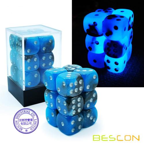 Dadu Bescon Two Tone Glowing D6 16mm 12pcs Set BIRU, 16mm Enam Sisi Die (12) Blok Glowing Dice