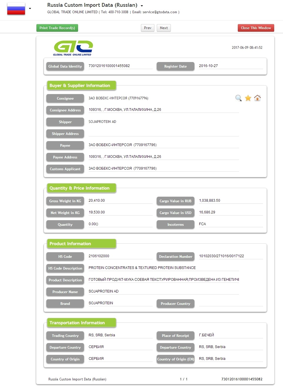 Protein Menumpukan Data Import Rusia