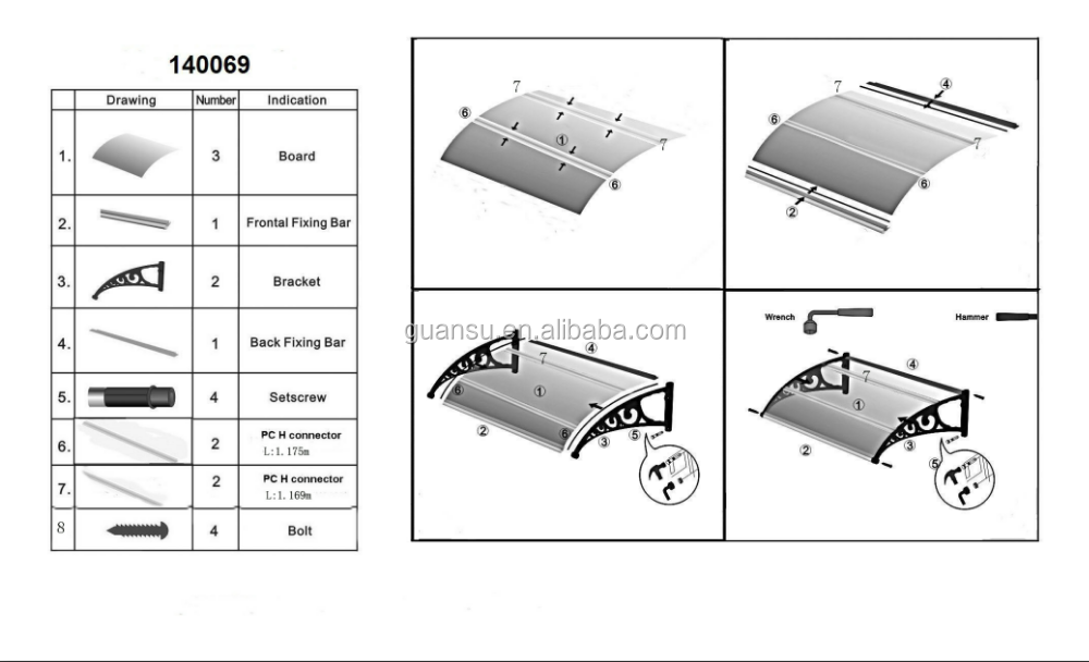 Uk Market Popular Style Diy Sun Shade White Plastic Arm With Clear Pc Cover Board Outdooor Polycarbonate Canopy