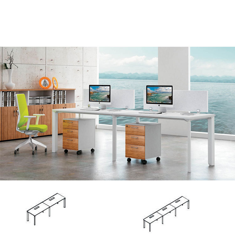 White Melamine Office Desk Workstation with Long Side Cabinet