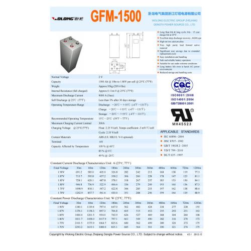 Telecom T Series Lead Acid Battery (2V1500Ah)