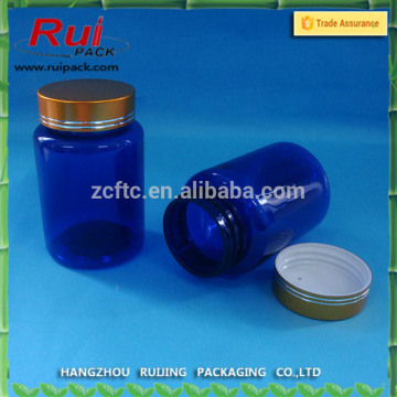 150ml blue pill bottle , PET round pill container with gold screw cap