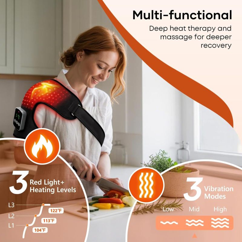 Red Light Therapy Shoulder Massager with Heat, Infrared & 3 Modes, Black