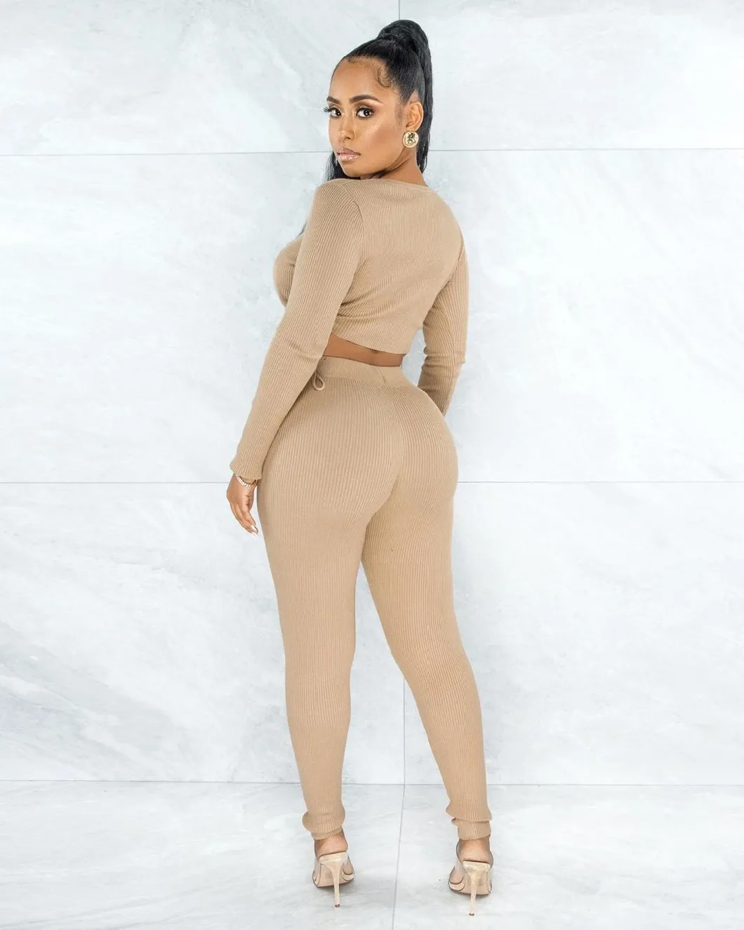 Popular Fall Autumn Jumpsuit Two Piece Crop Top and Long Pants Sexy Romper Jump Suit Women Khaki Bodycon Jumpsuit