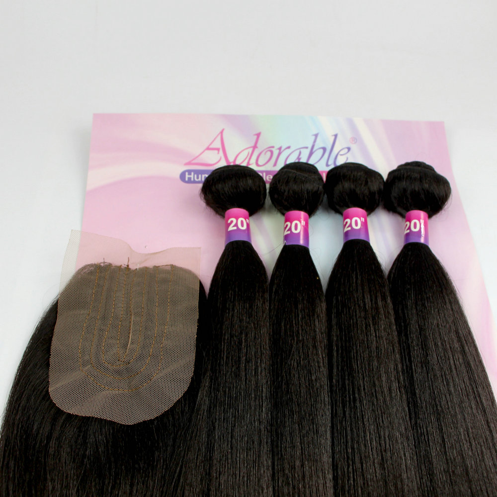 Adorable pack hair 4 bundles braiding hair extension and a closure, Yaki straight protein fiber hair weave 20"22"