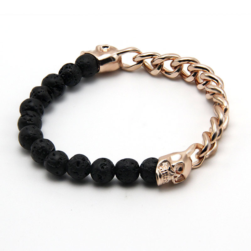 Black Vocalnic Lava Stone Bead Chain Steel Franco Chain Bangle Bangle Bracelet Vintage Skull Charme, hommes