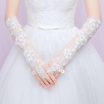 Elegant lace white pearl embroidery bridal wedding gloves