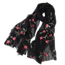 Malaysia Elegance Flowers Embroidered Thin Yarn Imitated Silk Scarf Shawl