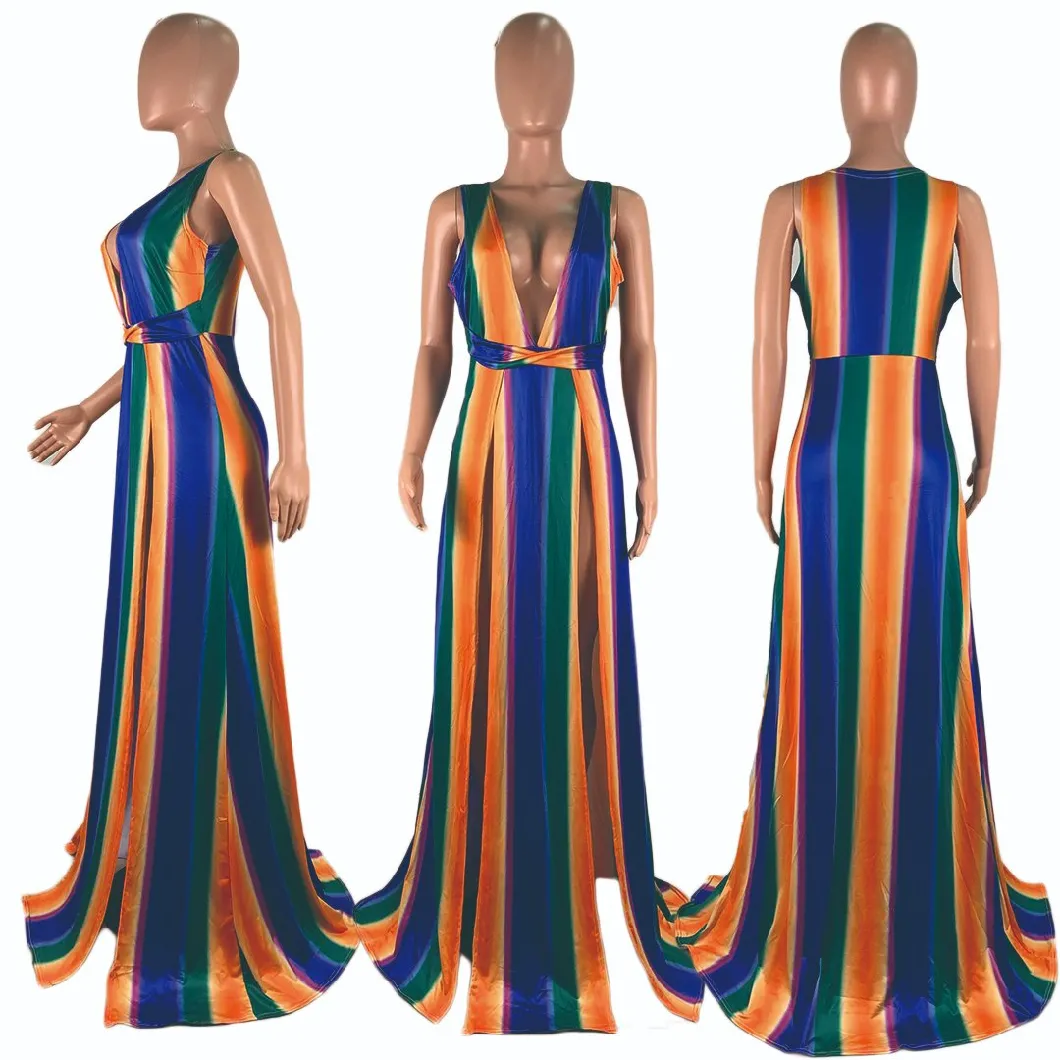 L51696 New Style Summer Casual V Neck Sleeveless Split Rainbow Print Striped Sexy Maxi Dress