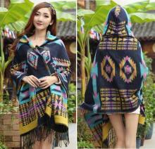 Japanese Fashion Woven Plaid Poncho with Hood
