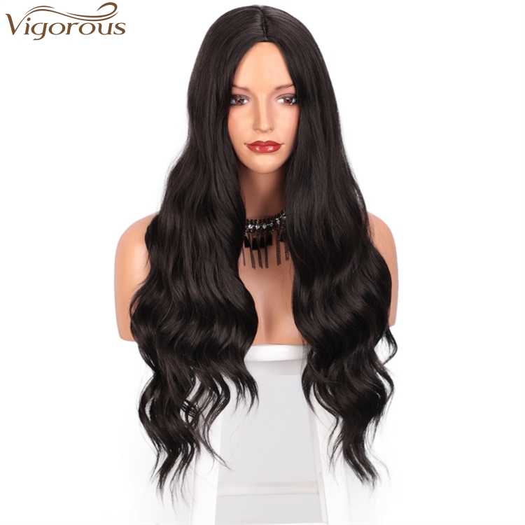 Vigorous Long Wavy Black Color Heat Resistant Synthetic Full Machine Made Wigs For Black Women Middle Part Fiber Hair Wig