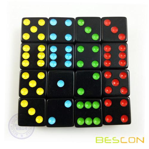 Black Six Sided Board Game Dice with Colorful Dots