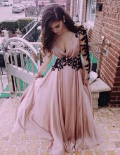 V-neck Long Sleeve Chiffon Prom Dresses Long Evening Dress