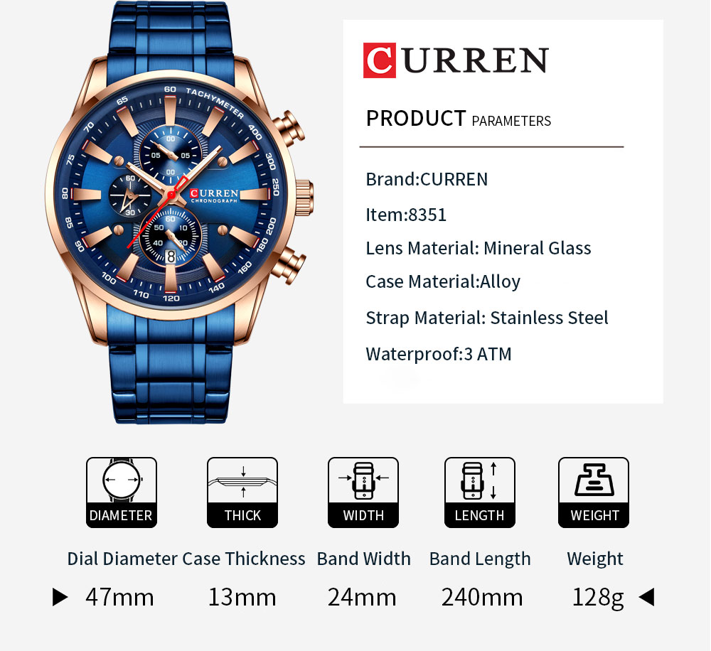 CURREN 8351 Chronograph Wrist Watch Blue Quartz Men Watch Stainless Steel Fashion Luminous Relogio Masculino