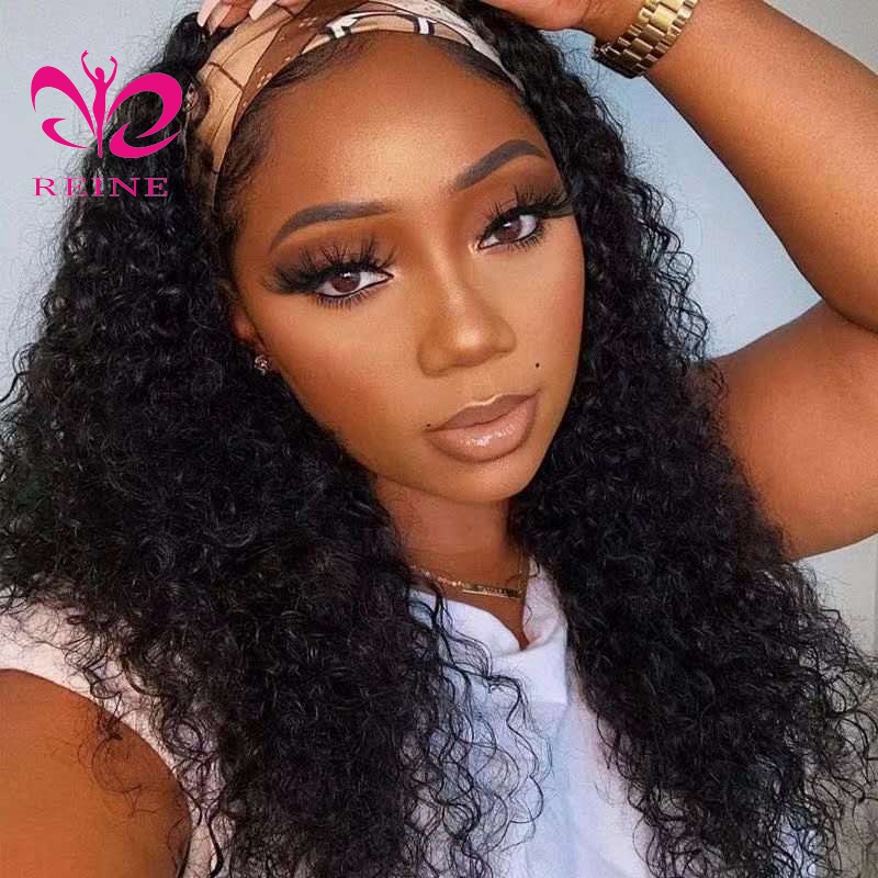 Full Cuticle Curly Headband Wigs Human Hair GlueLess None Lace 10A Virgin Peruvian Head Band double drawn human hair wigs