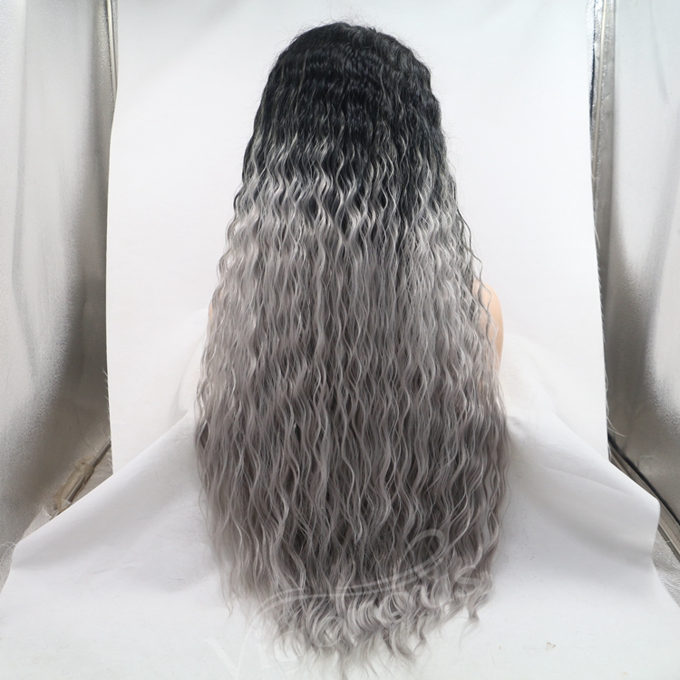 Side Part Long Water Wavy Dark Roots Ombre Grey Long Cheap Lace Fiber Wig Synthetic Hair For Women Vendor Price