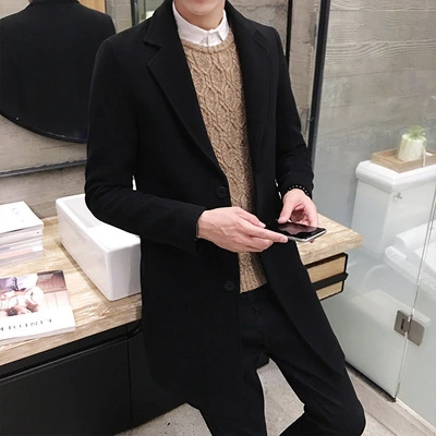 Men's Hong Kong Style Slim MID-Length Woolen Woolen Jacket