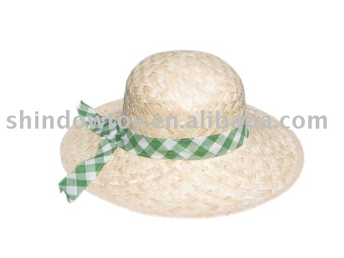 straw hat a light green grids ribbon bow for ladies white hat
