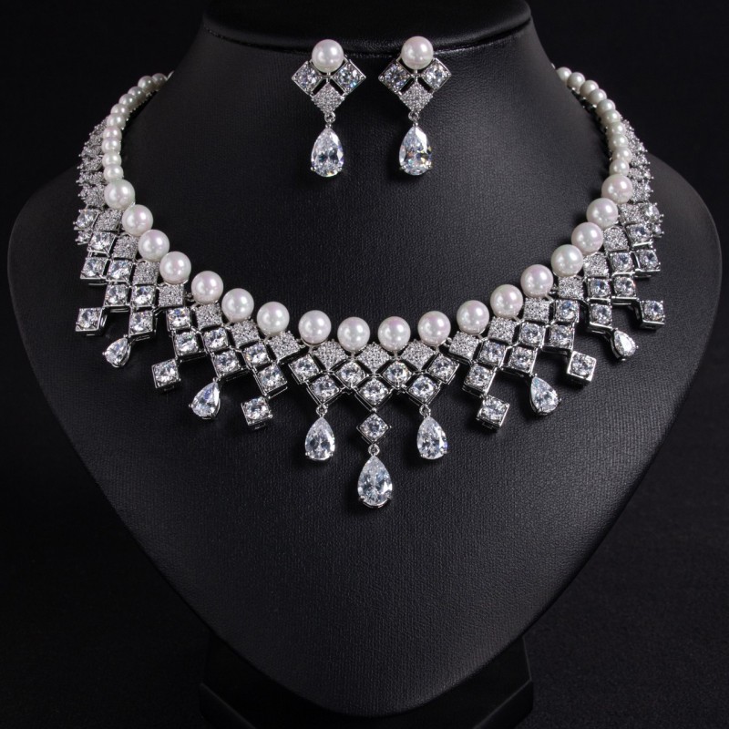 Pearl Teardrop Fringe Bridal CZ Jewelry Set