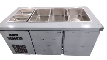 2-door salad prep fridge with pans
