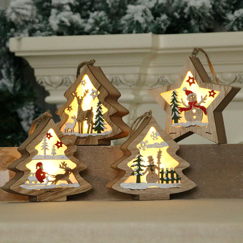 20 new wood painted luminous wooden decoration pendant Christmas decoration supplies Christmas scene gift