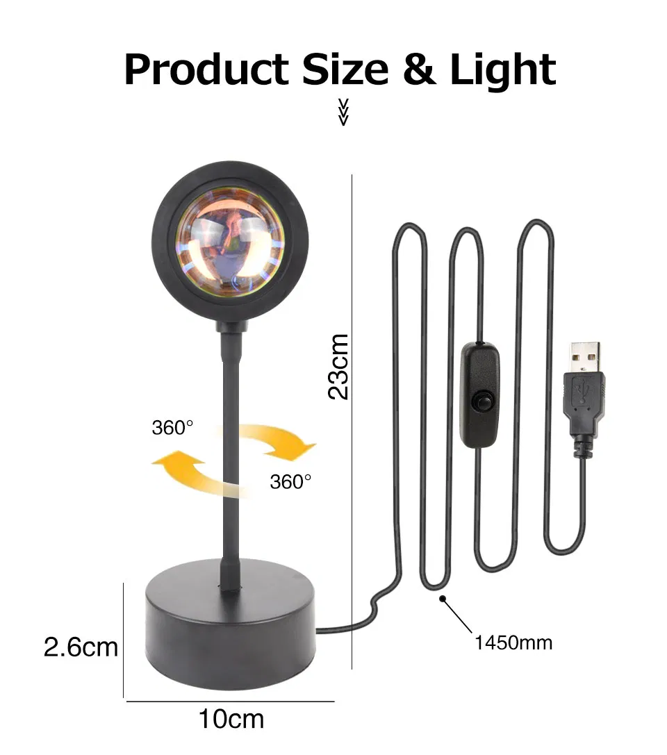 USB Sunset Projector Lamp - LED Rainbow Night Light for Home