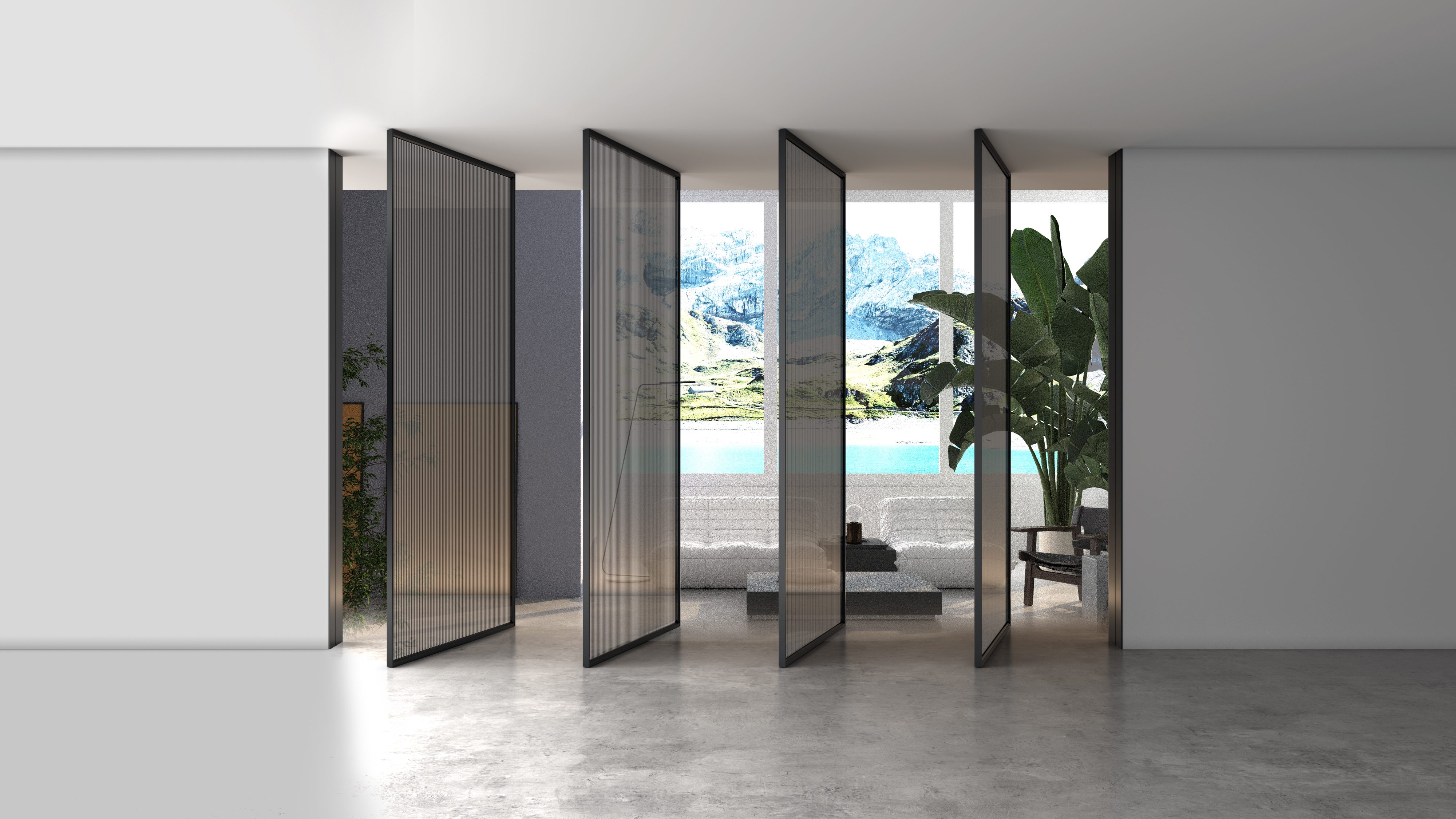 Vista interior luxuosa da porta pivotante Blaze