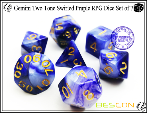 Juego de dados de RPG de Gemini de dos tonos rodado de Pruple de 7-3 Gemini Two Tone Swirled Pruple RPG Dice Set of 7-3