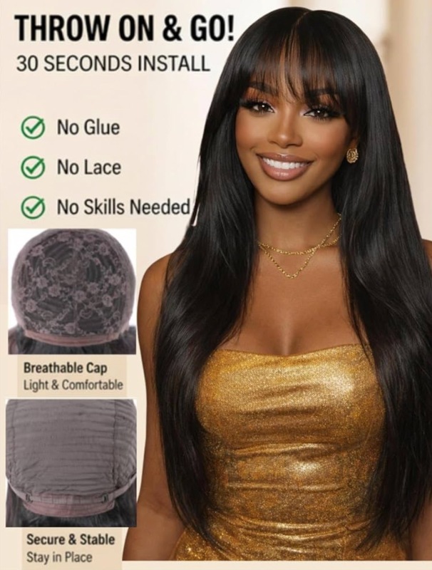 Yaki Straight Human Hair Wig With Wispy Bangs