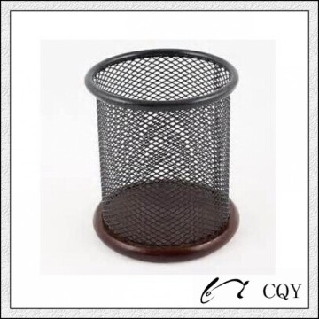 office desk metal mesh pencil cup with wooden wall