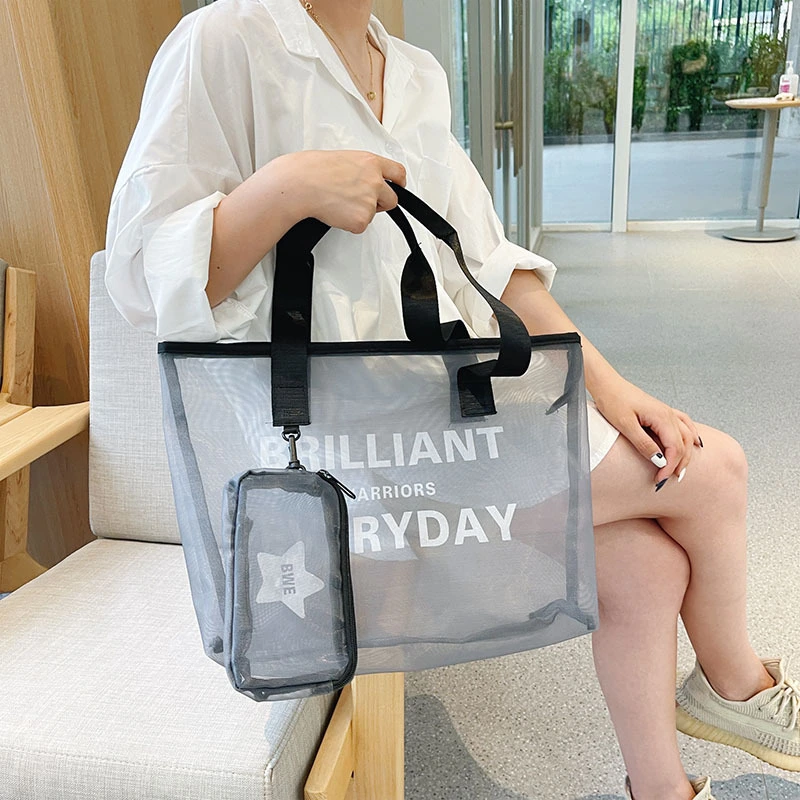 New Style Mesh Shoulder Bag Large-Capacity Mother and Child Bag Printed Letters Beach Bag Female Bag