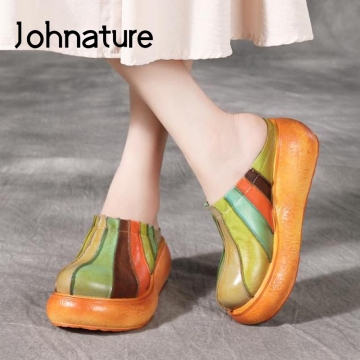 Johnature Mixed Colors Slippers Genuine Leather 2020 New Summer Women Shoes Slides Wedges Outside Wear Platform Ladies Slippers