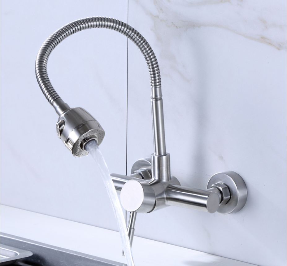 304 stainless steel wall mounted Dual hole 360 swivel flexible kitchen tap mixer nickel brushed sink faucet