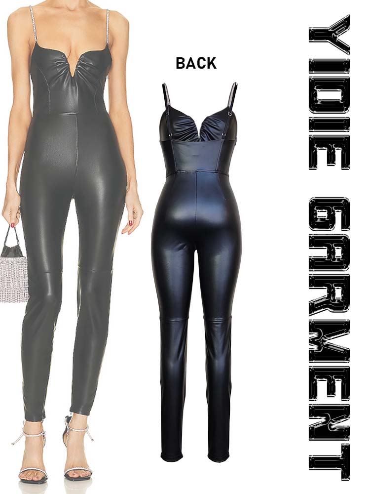 Shiny Adjustable Loop Strap Faux Leather Slim Jumpsuits