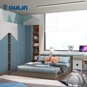 modern children bedroom with wooden wardrobes