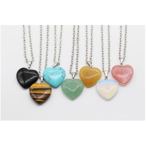 Natural Semi Precious Stone Heart Pendant Necklace 45cm Chain