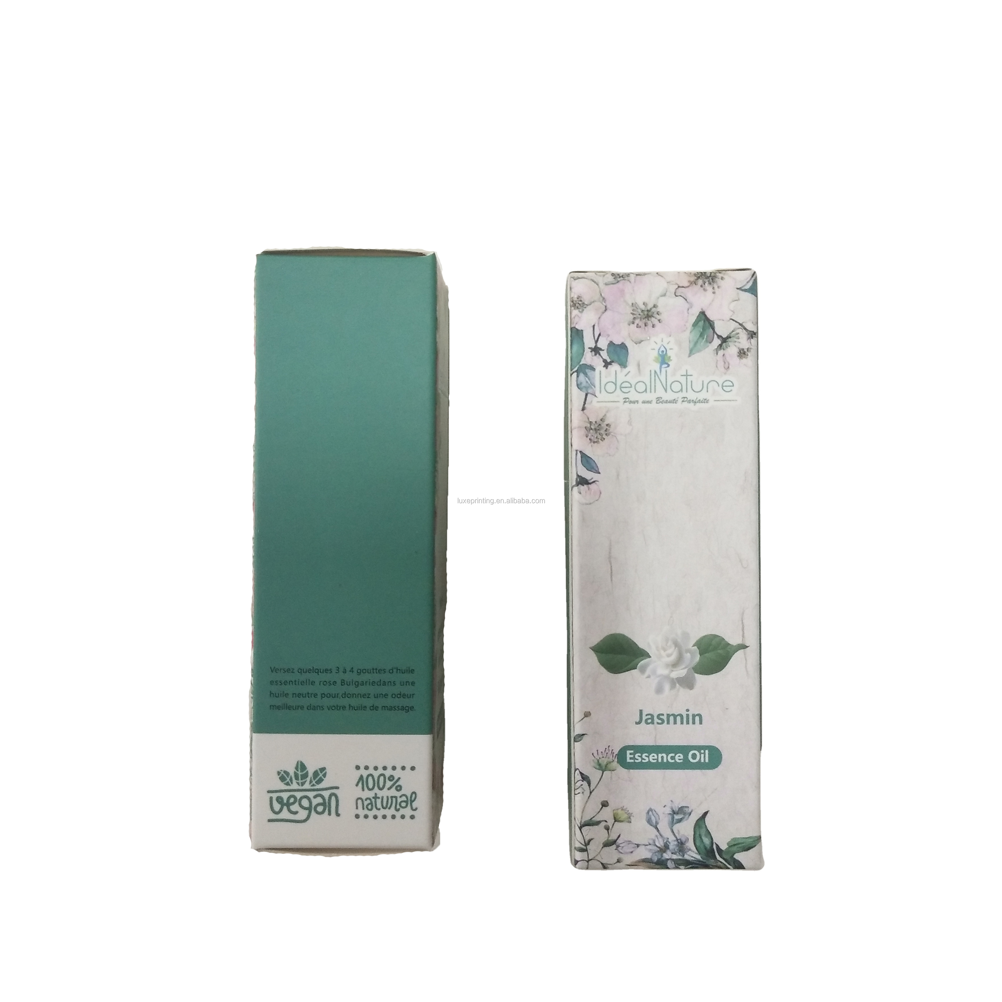 Factory foldable paper 100% pure beauty packaging white card stock jasmine essential oil box